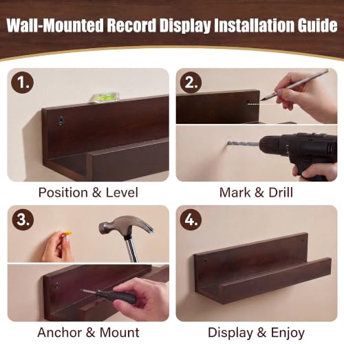 Wall Mount Vinyl Record Holder - Large Wooden Display Shelf for 8-12 LPs