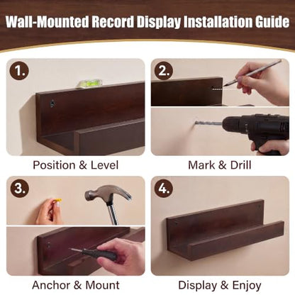 Wall Mount Vinyl Record Holder - Large Wooden Display Shelf for 8-12 LPs