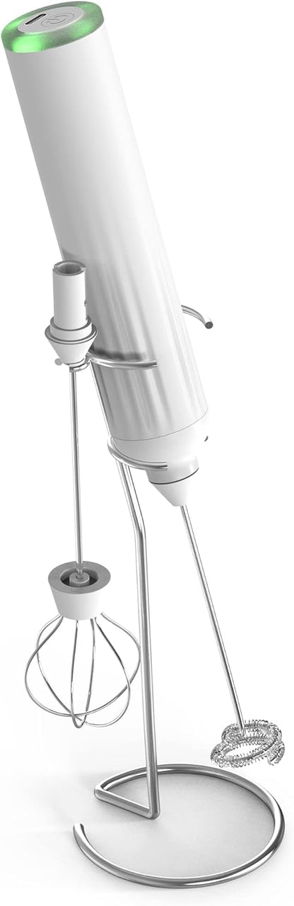 Skiennix Milk Frother - Rechargeable Electric Drink Mixer with 3 Whisks & Travel Case - White