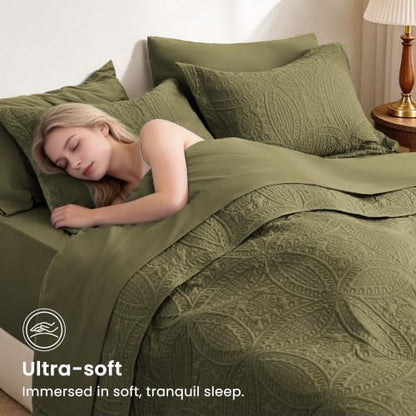 King Size Quilt Set with Sheet Set - Coin Pattern Green, 7 Pieces