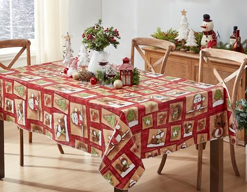 Christmas Forest Friends Vinyl Square Tablecloth 52 x 52 Inch with Flannel Backing - Red & Woodland Animals