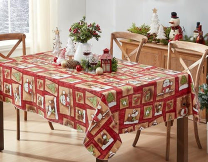 Christmas Forest Friends Vinyl Square Tablecloth 52 x 52 Inch with Flannel Backing - Red & Woodland Animals