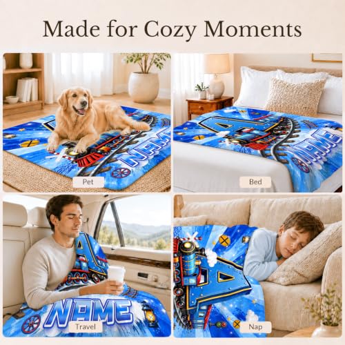 Personalized Kids Blanket for Boys Blue - Custom Train Throw for Toddlers