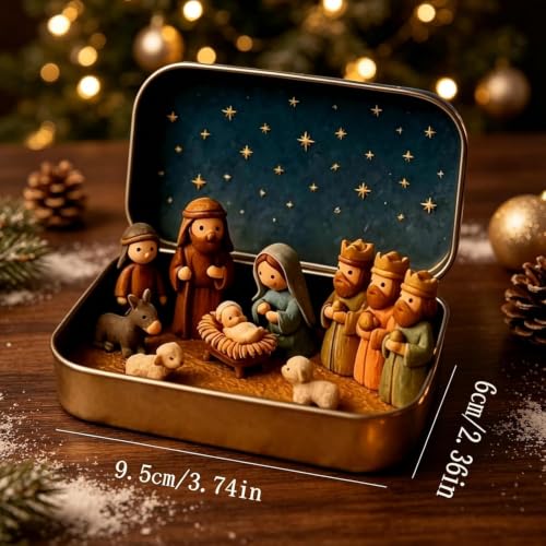 Mini Nativity Scene Set in Tin Box - Handcrafted Holy Family Figurines - Portable Christmas Decor - Variation #a