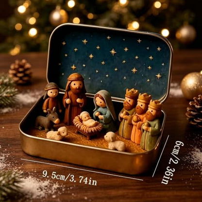 Mini Nativity Scene Set in Tin Box - Handcrafted Holy Family Figurines - Portable Christmas Decor - Variation #a