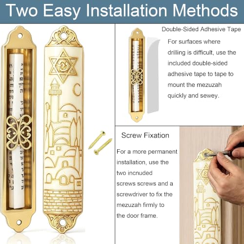 Enamel Mezuzah with Scroll - Gold Embossed Jerusalem Design, 2 Pack