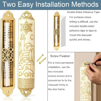 Enamel Mezuzah with Scroll - Gold Embossed Jerusalem Design, 2 Pack