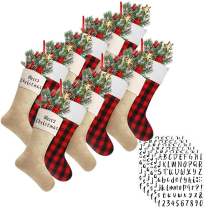 Christmas Burlap Stockings Hanging Set - Light Brown, Red & Black, 12 Pack