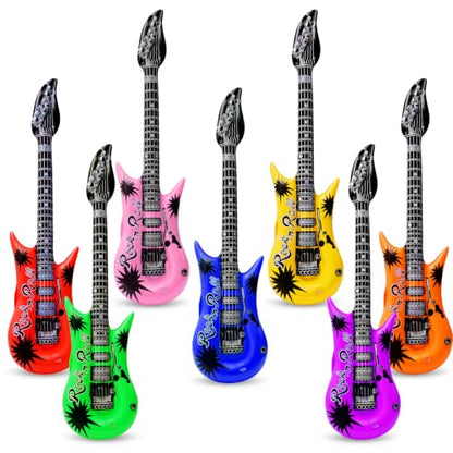 Inflatable Guitar Party Props Set - 9 Bright Color Blow Up Guitars with Pump