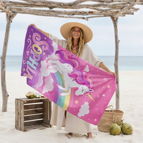 Personalized Unicorn Beach Towel for Girls - Custom Name Kids Pool & Sand Towel