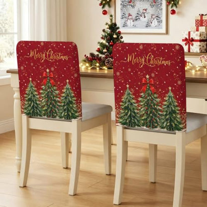 Red & Green Christmas Tree Chair Covers Set of 6 - Snowflake Balls Holiday Slipcovers