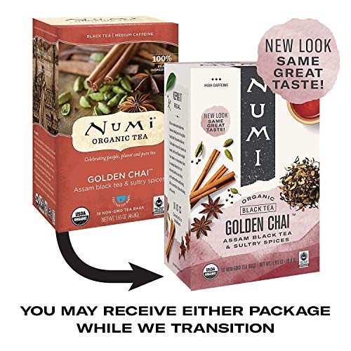 Numi Organic Golden Chai Tea, 18 Tea Bags (Pack of 3), Assam Black Tea, Cardamom, Ginger & Anise (Packaging May Vary)