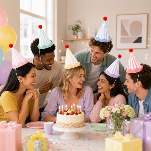 24-Pack Rainbow Party Cone Hats for Birthday Celebrations
