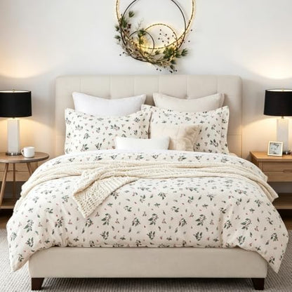 Christmas Duvet Cover Set Queen Size Holly Berries Pattern 90x90 Inch with 2 Shams