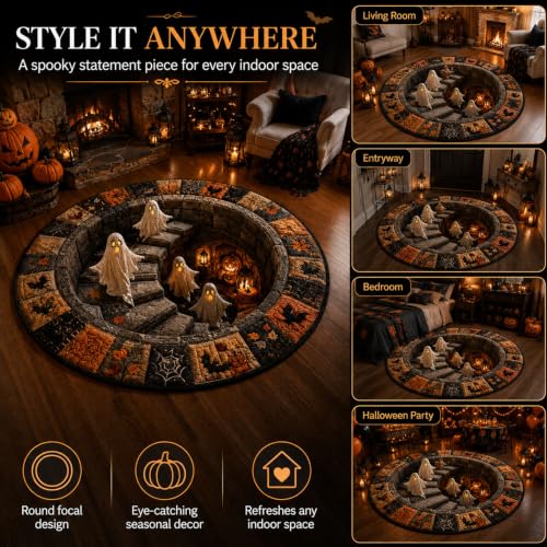 Halloween 3D Optical Illusion Haunted Staircase Round Rug with Ghost Skeleton Pumpkin, 47.2x47.2in - Variation A