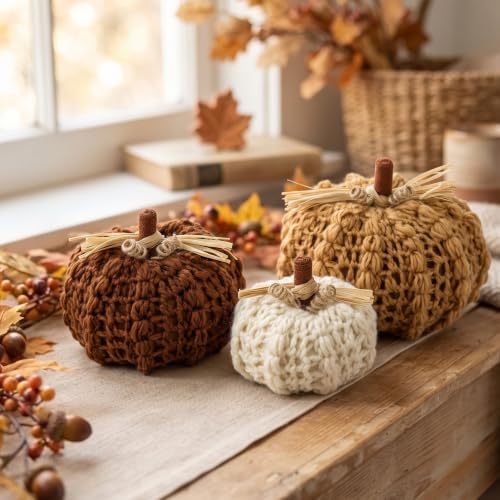 Set of 3 Handmade Knitted Pumpkins - Fall Autumn Decor, Thanksgiving, Christmas