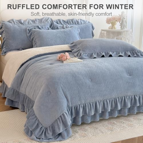 Twin Fluffy Sherpa Comforter Set Blue Ruffle Bedding - Super Soft Fleece