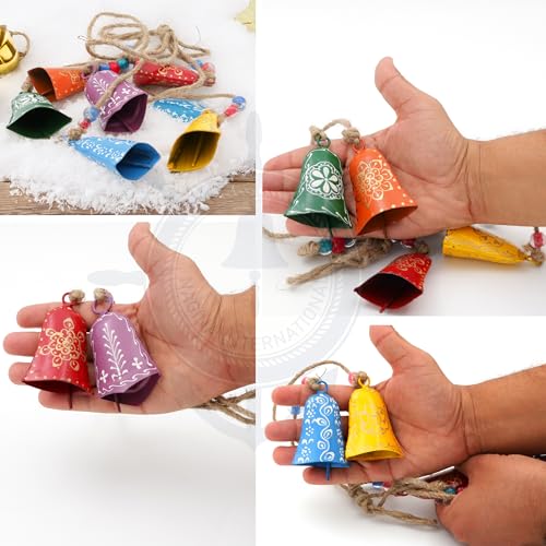 Holiday Christmas Bells Decoration Set with Hanging Ropes - Multicolor, 6 Pieces