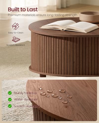 Round Coffee Table with Lift Top and Tambour Sliding Door - Chestnut Brown, 31.5 inch Diameter