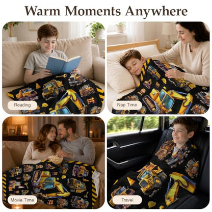 Boys Construction Blanket - 40x50 Fuzzy Flannel Kids Throw - Black