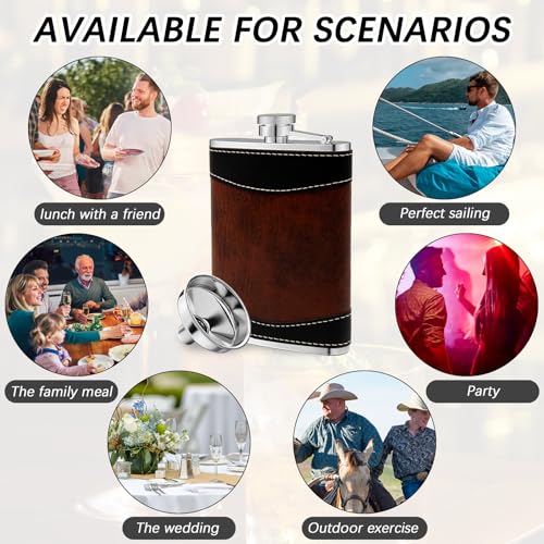Leather-Wrapped 8 oz Stainless Steel Liquor Flasks Set with Funnel - Leakproof Whiskey Drinking Bottles for Weddings & Parties