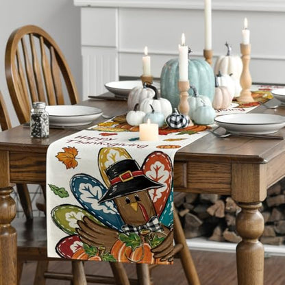 Thanksgiving Table Runner with Pumpkins and Turkey Harvest Fall Decor 13x60 Inch