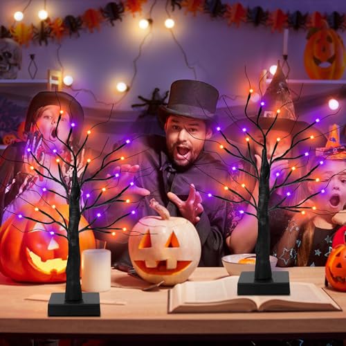 Halloween Lighted Indoor Trees Set - 24 Inch Orange & Purple Decor with Timer