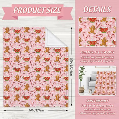 Pink Christmas Fuzzy Blanket Gingerbread Man & Candy Cane Throw 50x60 Inches
