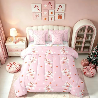 Feelyou Pink Christmas Girl Comforter Set with Sheets Full Size - Red, Pink & White Variation