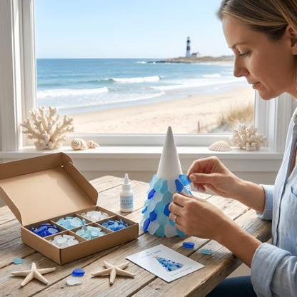 DIY Sea Glass Christmas Tree Craft Kit - Style D, Coastal Holiday Decor, 10cm