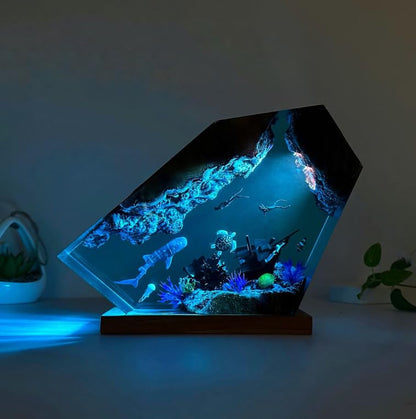 Resin Ocean Night Light - 6x4in Epoxy Bedside Lamp with Underwater Scene - Diver & Marine Decor