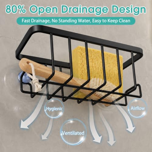 Sponge Holder for Kitchen Sink - Black Suction Cup Organizer, Rustproof