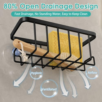 Sponge Holder for Kitchen Sink - Black Suction Cup Organizer, Rustproof