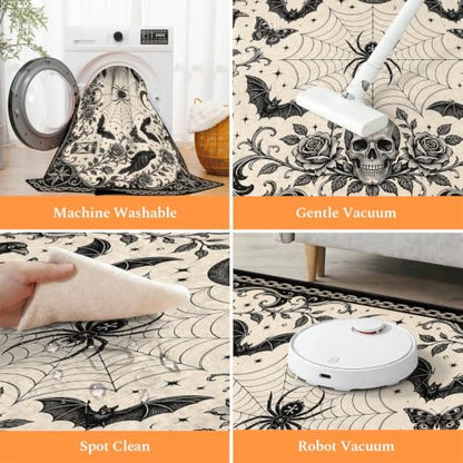 Dark Gothic Crow Spider Area Rug 3x5 ft Vintage Skull Hourglass Floor Mat Pattern 3