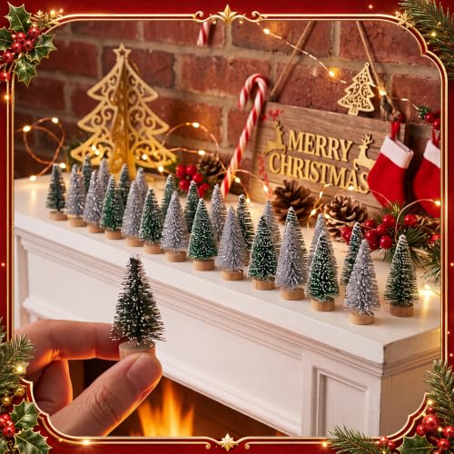 Mini Christmas Tree Bottle Brush Set - 48 Pcs, 1.8 Inch, Sage Green, Evergreen, Silver