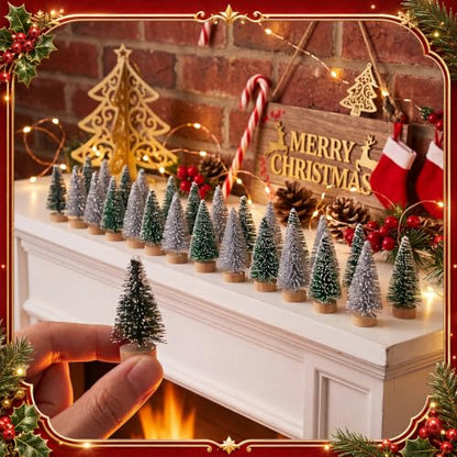 Mini Christmas Tree Bottle Brush Set - 48 Pcs, 1.8 Inch, Sage Green, Evergreen, Silver