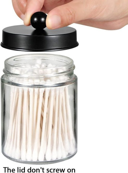 Amolliar Apothecary Jars Set - 4 Pack Bathroom Vanity Storage Organizers with Stainless Steel Lids & Cute Stickers | Black Qtip Dispenser for Cotton Swabs & Makeup Sponges