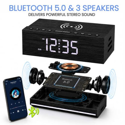 Wooden Digital Alarm Clock with Wireless Charging & Bluetooth Speaker