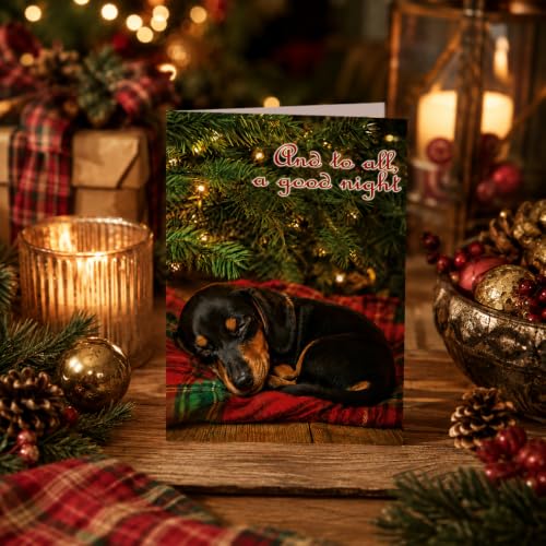 Dachshund Christmas Card Set - 12 Holiday Greeting Cards with Envelopes - Sleepy Dog Design - Boxed Pack of 12