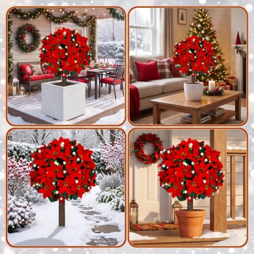 Artificial Poinsettia Christmas Topiary Trees Set - Red, 24.8 Inches with Metal Spikes