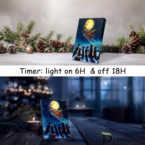 Lighted Fiber Optic Canvas Wall Art Santa Over Moon 8x6 Inch - Festive Holiday Decor