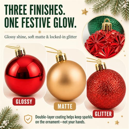 42 Pack Shatterproof Christmas Ornaments - Red & Gold Luxury Tree Decorations with Pre-Tied Strings