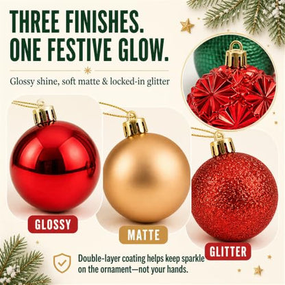 42 Pack Shatterproof Christmas Ornaments - Red & Gold Luxury Tree Decorations with Pre-Tied Strings