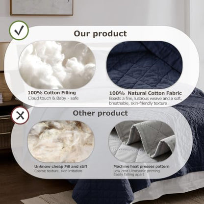 Navy Blue 100% Cotton Quilt Set - Queen, Pre-Washed, 3 Pieces
