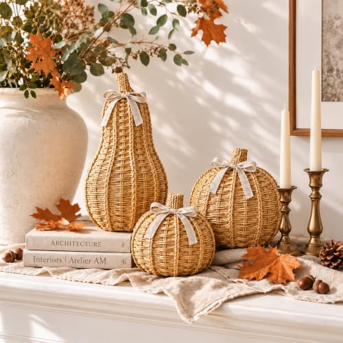 Rustic Fall Wicker Pumpkin Set - 3 Decor Pieces for Autumn & Thanksgiving