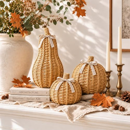 Rustic Fall Wicker Pumpkin Set - 3 Decor Pieces for Autumn & Thanksgiving