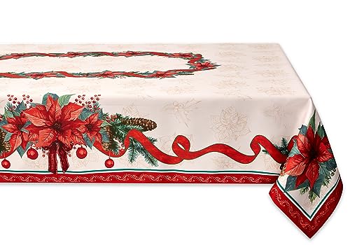 Christmas Poinsettia Ribbon Tablecloth 52 x 70 Inch Holiday Decor - Red & Green