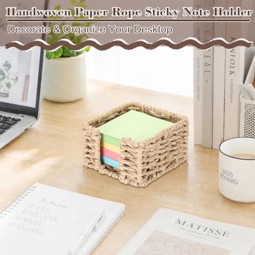 Natural 4.1 x 4.1 Inch Sticky Note Holder Dispenser with Paper Rope