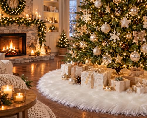 Nackiy White Christmas Tree Skirt 48 Inch Faux Fur Holiday Decor