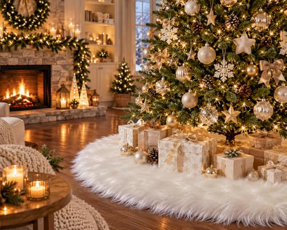 Nackiy White Christmas Tree Skirt 48 Inch Faux Fur Holiday Decor